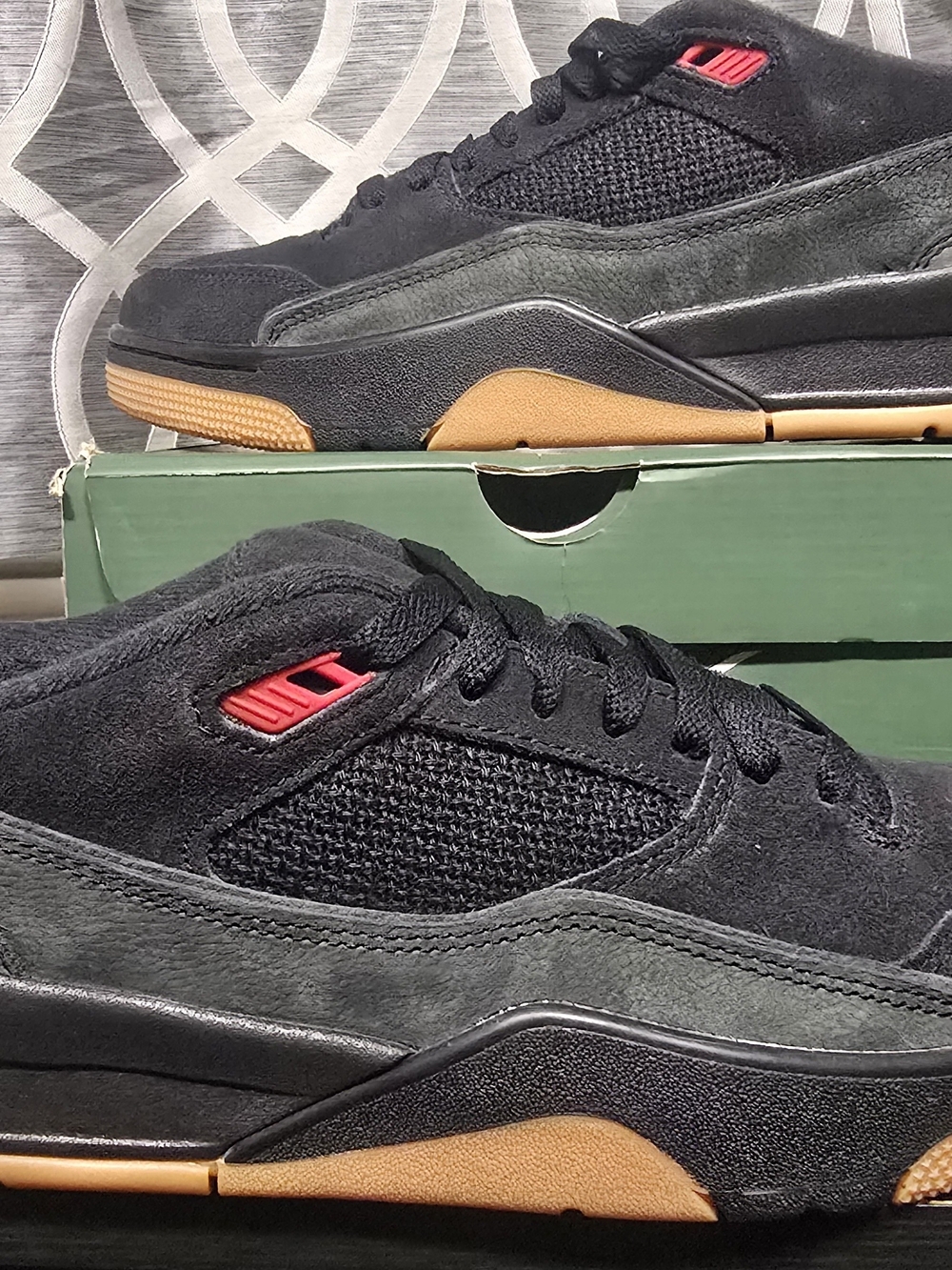 Jordan Black Suede Sneakers with Gum Outsole and Red Eyelet